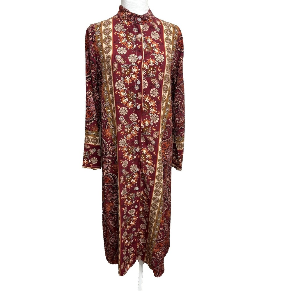 2uves Maxi Shirt Dress Burgundy Floral Boho Made in Italy Vacation BeachOS
